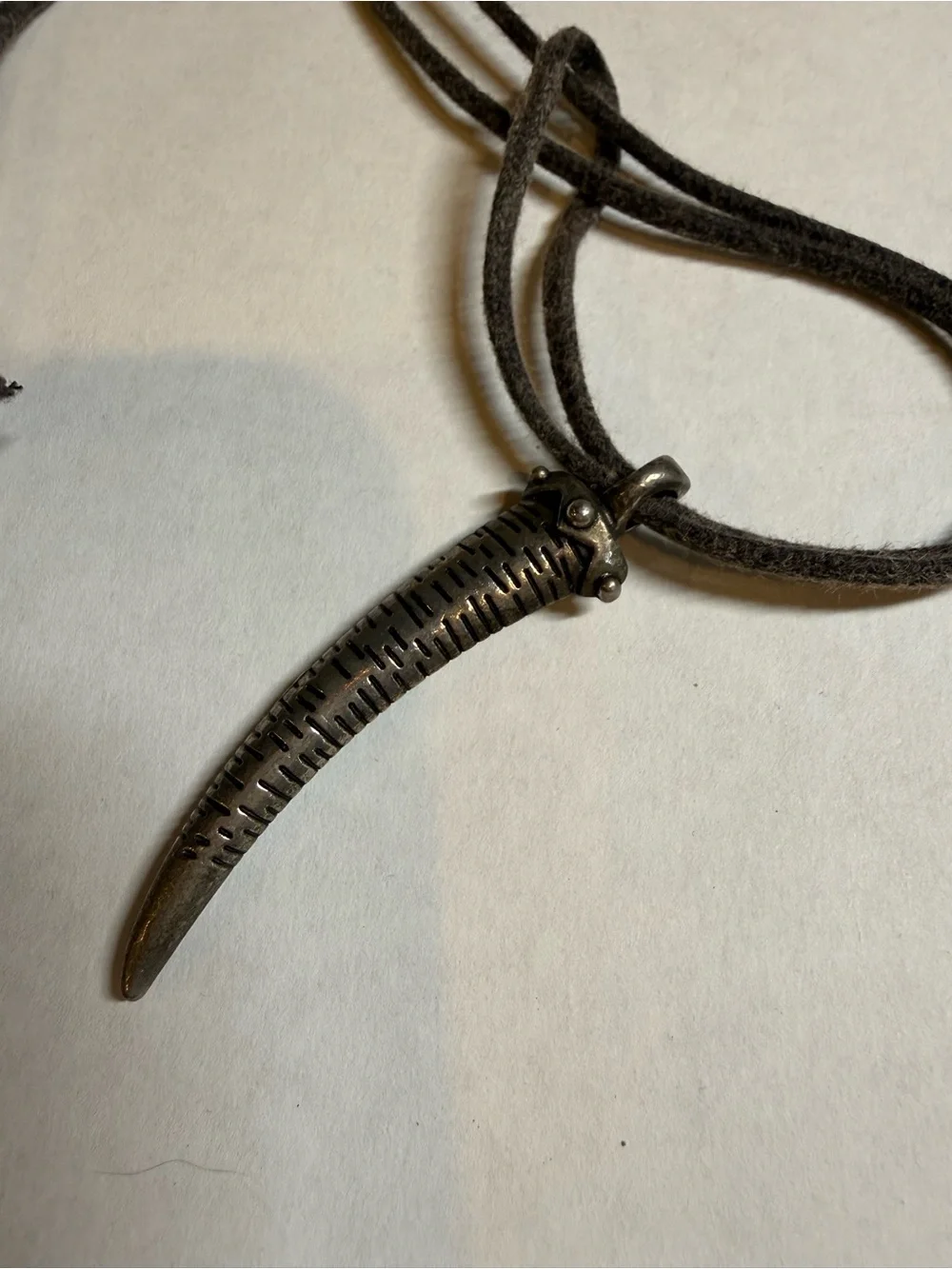 Silver Tone Fang Tusk Pendant Necklace Adjustable Cord Tribal Boho Gothic